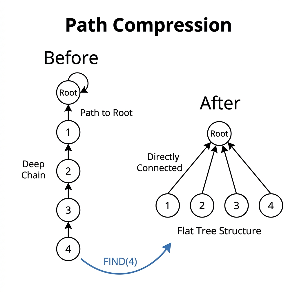 Path compression: ao fazer Find, reconectar todos os nós do caminho à raiz.