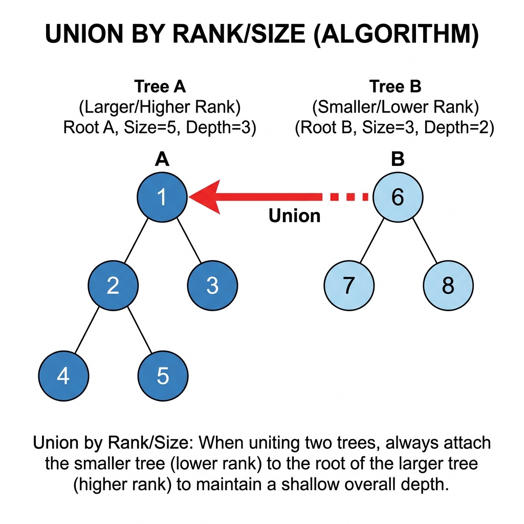 Union by rank: pendurar a árvore menor sob a maior para manter altura baixa.